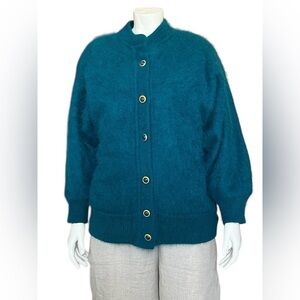 Vintage Angora Fuzzy Cardigan with Shoulder Pads Teal Blue Gold Buttons Medium